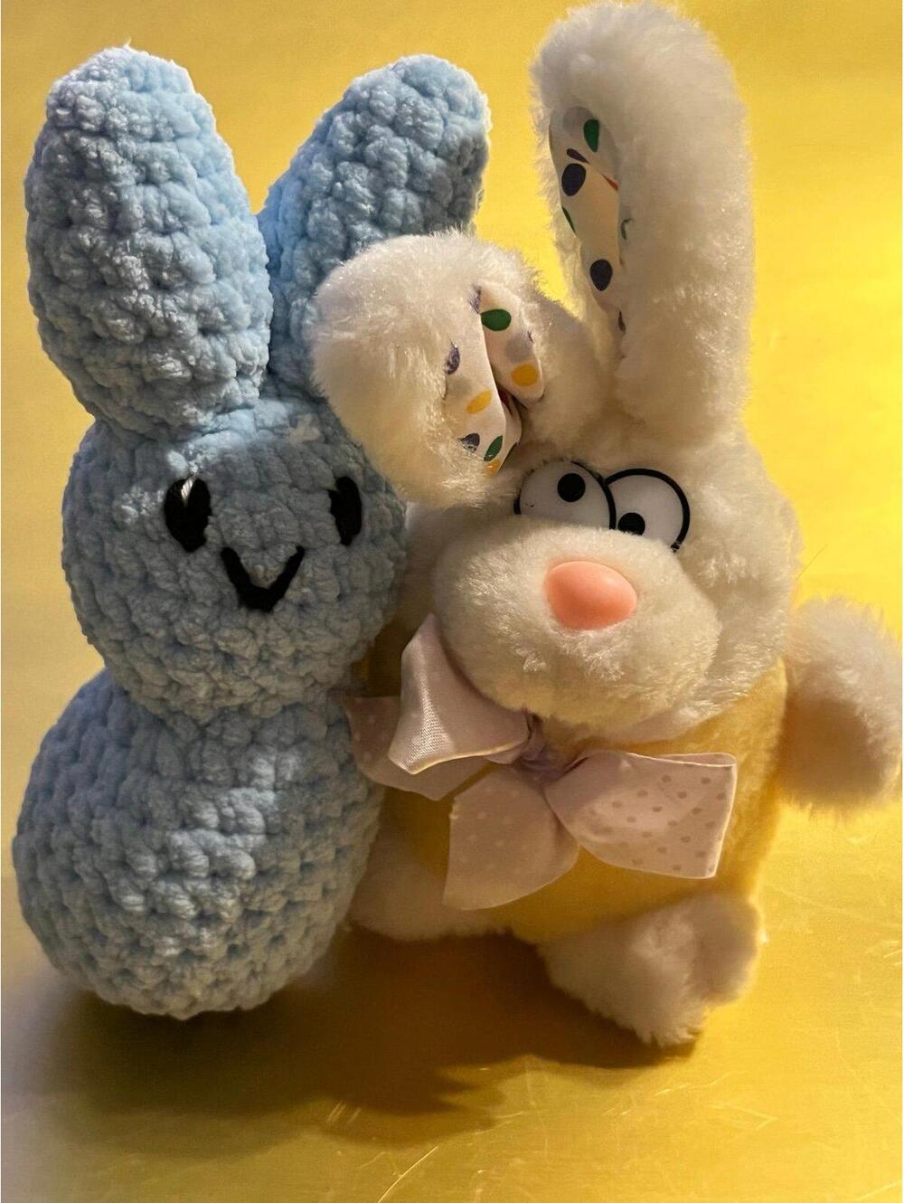 Set of 2 Bunnies - Blue Crochet & White/Yellow Vintage Bunny